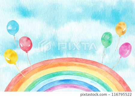 A rainbow gradient hand-painted with watercolors, a balloon and a blue sky background (with a title space in the center) A rainbow gradient hand-painted with watercolors, a balloon and a blue sky background (with a title space in the center) 116795522