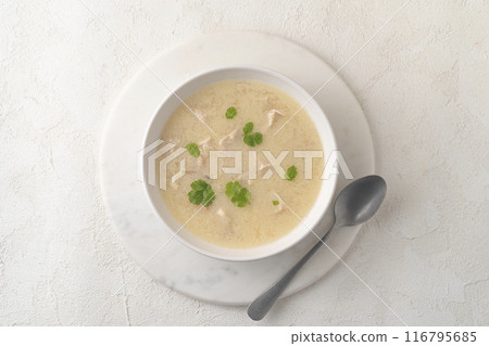 Georgian traditional chicken soup Chikhirtma in the white plate, flat lay Georgian traditional chicken soup Chikhirtma in the white plate, flat lay 116795685