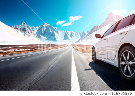 Car traveling with a mountain road at summer day. 116795889