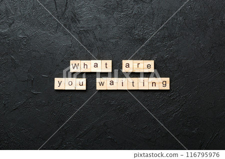 What are you waiting word written on wood block. What are you waiting text on cement table for your desing, Top view concept 116795976