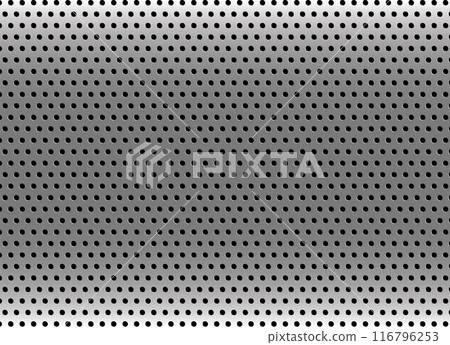 Silver metal background with dots pattern. Grey industrial texture backdrop. Light silver metal background with round hole. Vector Silver metal background with dots pattern. Grey industrial texture backdrop. Light silver metal background with round hole. Vector 116796253