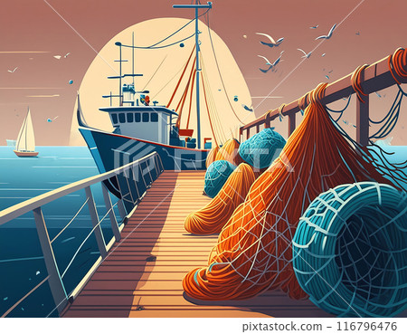 Fisherman work boat. Industry professional fishing, cartoon sailors with fisher net sea ship 116796476