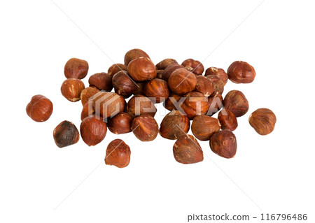 pile hazelnuts isolated on white background, top view. Flat lay Healthy food concept pile hazelnuts isolated on white background, top view. Flat lay Healthy food concept 116796486
