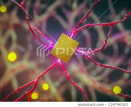 a neuron with an implanted microchip, concept nanotechnology and medical research 116796563
