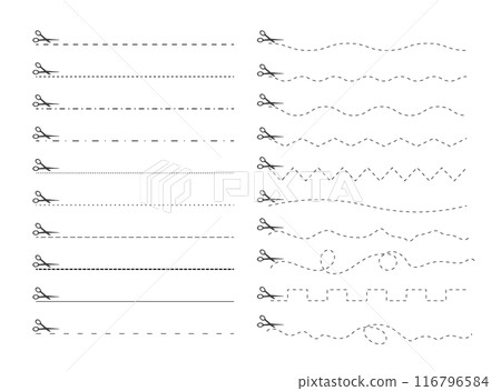 Cut here. Black scissors cutting. Set of cut dash lines isolated on white background. Simple Vector illustration. Shear cutting paper coupon or the cloth label along the line 116796584