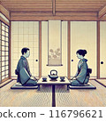 日式房間裡，穿著和服的一男一女面對面 116796621