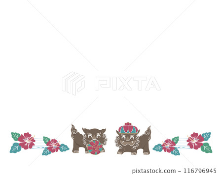 Okinawa tradition, Bingata hibiscus and Shisa frame 116796945