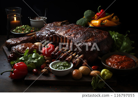 Grilled meat bright juicy illustration for restaurants Grilled meat bright juicy illustration for restaurants 116797055