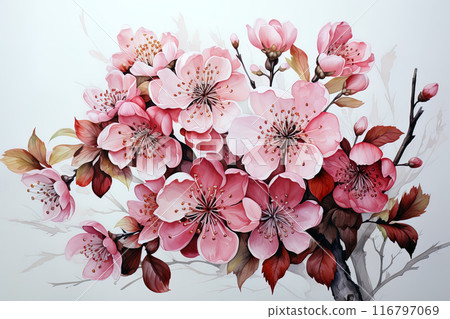 watercolor pink sakura flowers on a white, aesthetic background. Ai generative art watercolor pink sakura flowers on a white, aesthetic background. Ai generative art 116797069