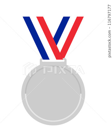 Simple plain silver medal and tricolor neck ribbon - Design material for runner-up, second place, and silver award 116797177
