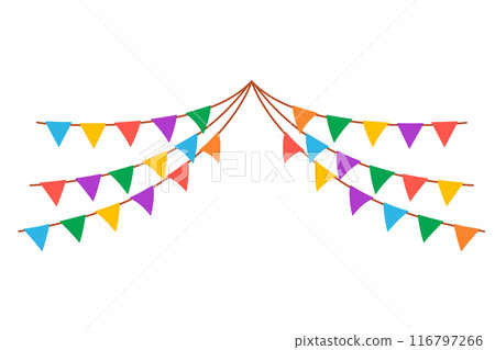 Colorful pennant isolated on white background. Hanging party garland for kids. Triangle flags in rainbow colors. Colorful pennant isolated on white background. Hanging party garland for kids. Triangle flags in rainbow colors. 116797266