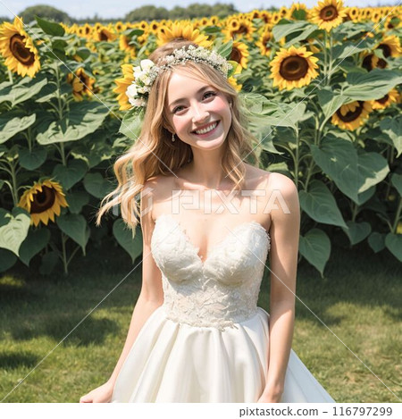 A half-Japanese woman standing in front of a sunflower 116797299