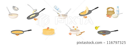 Tasty Pancake Cooking Process with Utensil Vector Set Tasty Pancake Cooking Process with Utensil Vector Set 116797325