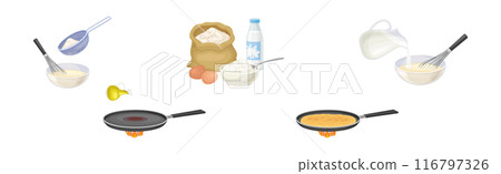 Tasty Pancake Cooking Process with Utensil Vector Set 116797326