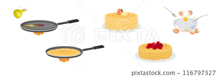 Tasty Pancake Cooking Process with Utensil Vector Set 116797327