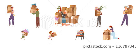 People Character Moving New House Packing Cardboard Box Vector Set 116797343