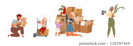 Man and Woman with Kid Moving New House Packing Cardboard Box Vector Set 116797344