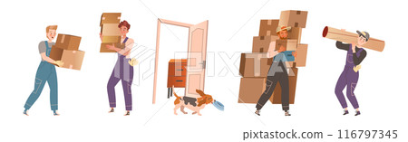 Man Character Moving New House Packing Cardboard Box Vector Set Man Character Moving New House Packing Cardboard Box Vector Set 116797345
