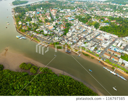 Aerial view around Krabi city,Thailand nature and mountains in the morning sky,Wide angle from drone camera Aerial view around Krabi city,Thailand nature and mountains in the morning sky,Wide angle from drone camera 116797385
