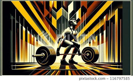 Artistic representation of weightlifter in lifting pose. Constructivist style poster. Generative AI 116797585