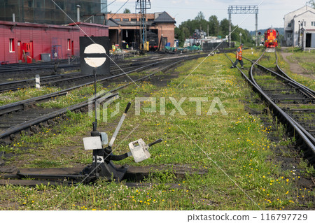 Old manual powered railroad switch with black and white details Old manual powered railroad switch with black and white details 116797729