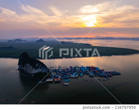 Aerial view of Panyee island in Phang Nga Thailand,High angle view Floating village, Koh Panyee fishing village island in Phang Nga, Thailand Aerial view of Panyee island in Phang Nga Thailand,High angle view Floating village, Koh Panyee fishing village island in Phang Nga, Thailand 116797950