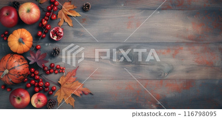 Autumn Fruits and Leaves on Rustic Wood 116798095