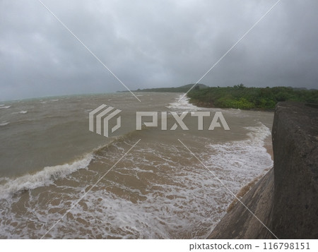 颱風逼近，海灘上掀起巨浪 116798151