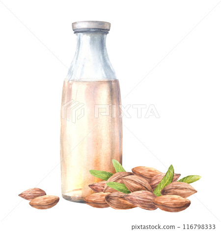 Almond Milk. Glass bottle with nuts and leaves. Watercolor dood and drink composition. Plant based milk. Hand painted dairy, lactose free beverage Clipart for menu, cosmetic label on isolated 116798333