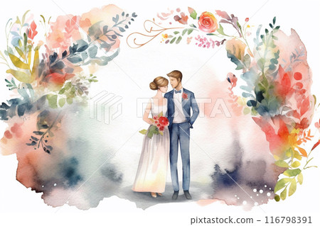 Watercolor wedding card. Wedding couple. 116798391