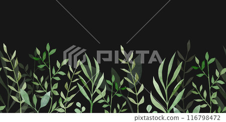 Seamless watercolor border with green plants on dark background.  116798472