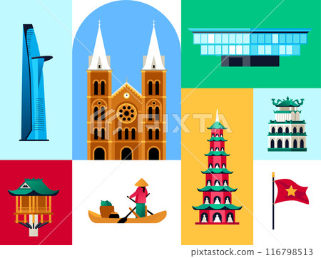 Antiquities and architecture of Vietnam - set of flat design style colorful illustrations Antiquities and architecture of Vietnam - set of flat design style colorful illustrations 116798513
