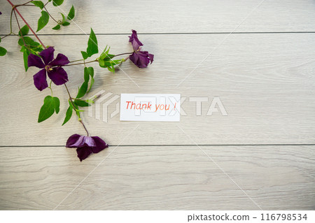 branch of blooming purple clematis, on a light wooden table branch of blooming purple clematis, on a light wooden table 116798534
