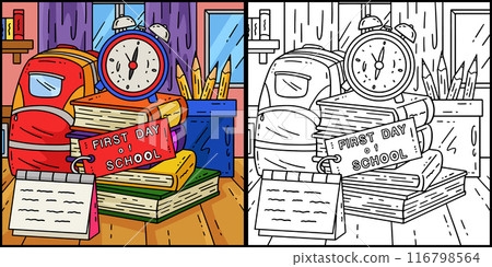 First Day of School Book Alarm Clock Illustration First Day of School Book Alarm Clock Illustration 116798564