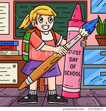 First Day of School Child Brush Crayon Colored  116798652