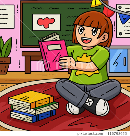 First Day of School Child Reading a Book Colored First Day of School Child Reading a Book Colored 116798653
