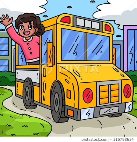 First Day of School Child In School Bus Colored First Day of School Child In School Bus Colored 116798654