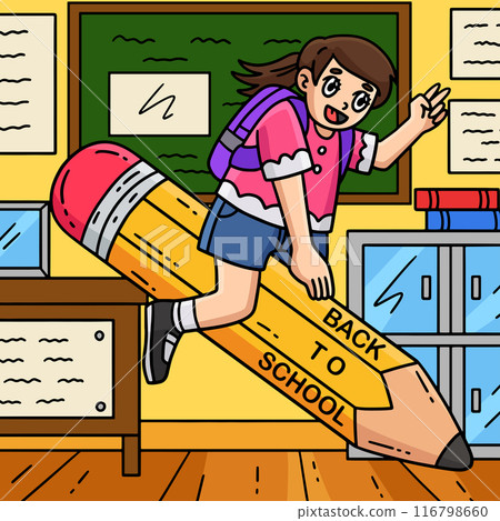 First Day of School Child on Giant Pencil Colored First Day of School Child on Giant Pencil Colored 116798660