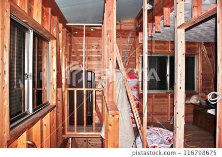 New house construction site Wooden house Pillars 116798675