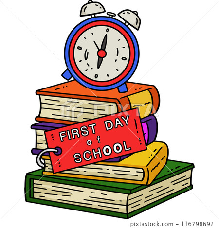 First Day of School Book and Alarm Clock Clipart 116798692