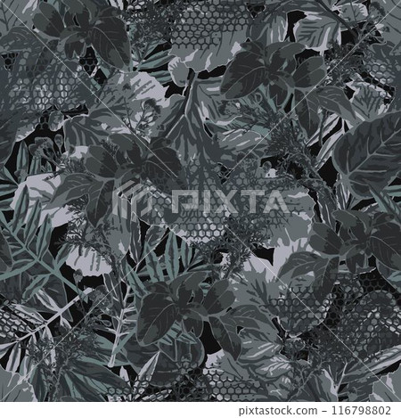 Gray camouflage monochrome seamless pattern with lush foliage, leaves, pieces of hexagon net. Wild nature. For apparel, fabric, textile, sport goods design. 116798802