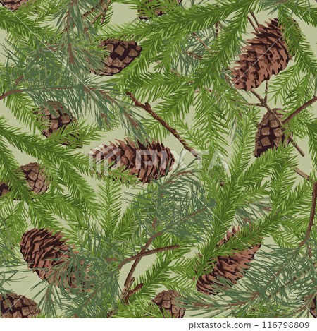 Seamless khaki green camo pattern with forest foliage, nature elements. Leaves, cones, pine needles. Wild nature. For apparel, fabric, textile, sport goods. Seamless khaki green camo pattern with forest foliage, nature elements. Leaves, cones, pine needles. Wild nature. For apparel, fabric, textile, sport goods. 116798809