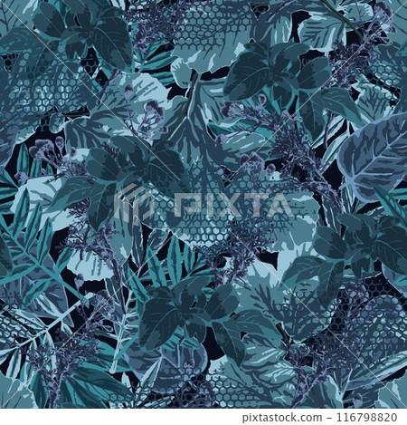 Blue camouflage monochrome seamless pattern with lush foliage, leaves, pieces of hexagon net. Wild nature. For apparel, fabric, textile, sport goods design. Blue camouflage monochrome seamless pattern with lush foliage, leaves, pieces of hexagon net. Wild nature. For apparel, fabric, textile, sport goods design. 116798820
