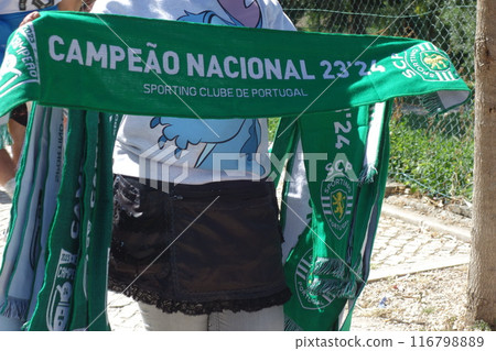 Unrecognizable Sporting Clube de Portugal football club supporter showing the team scarf Unrecognizable Sporting Clube de Portugal football club supporter showing the team scarf 116798889