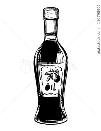 Olive oil bottle isolated on white background. Vector sketch, vintage hand engraving. Hand drawn ink drawing of a bottle. Line art for menu, design, label. Olive oil bottle isolated on white background. Vector sketch, vintage hand engraving. Hand drawn ink drawing of a bottle. Line art for menu, design, label. 116798902