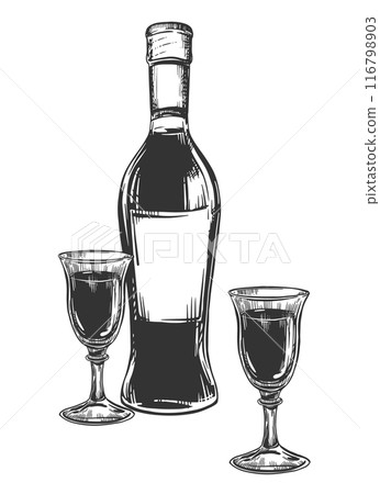 Nocino liqueur black and white linear sketch. Bottle and glasses on a white background. Vector ink drawing in engraving style. Alcoholic drink. Clipart for menus, packaging, labels. Nocino liqueur black and white linear sketch. Bottle and glasses on a white background. Vector ink drawing in engraving style. Alcoholic drink. Clipart for menus, packaging, labels. 116798903