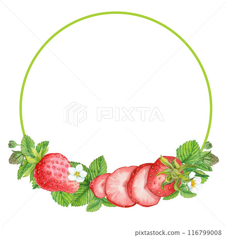 Round frame with garden strawberries. Watercolor flowers and leaves of ripe red berries on a white background. Composition from farm strawberries to decorate an eco-product. rustic clipart. 116799008