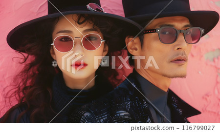 粉紅色牆前的時尚男人與女人 116799027