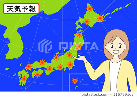 Illustration of a female weather forecaster explaining the weather 116799162