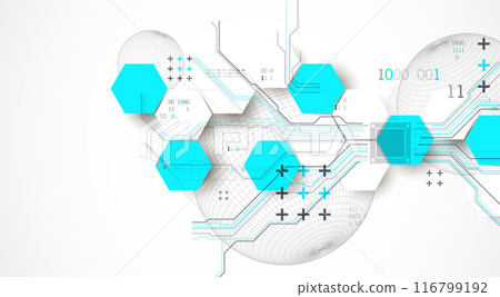 Abstract circuit board background with hexagons and sphere. Hi-tech digital technology concept. Hand drawn vector. Abstract circuit board background with hexagons and sphere. Hi-tech digital technology concept. Hand drawn vector. 116799192
